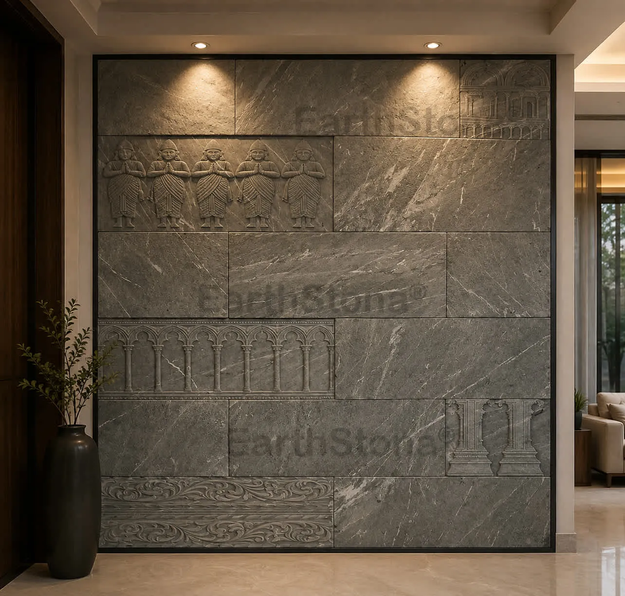 EarthStona Imperial Green Verde Heritage natural stone wall carving design with white rays and luxury texture
